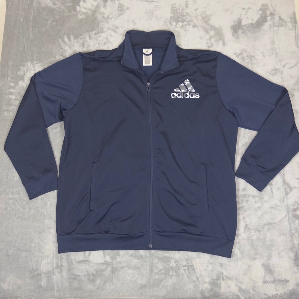 Adidas Track Jacket Mens 2XL Navy Blue Camo Logo Full Zip HY3082 Athletic Coat